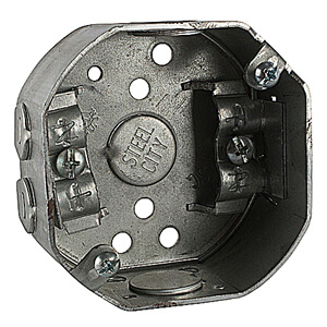 Electrical ceiling boxes in round pan box or octagon box style for overhead lights, fans, and alarms