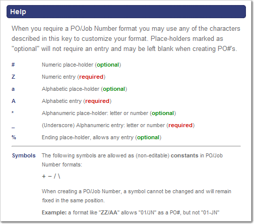 Format Key from the PO/Job Name Preferences Page